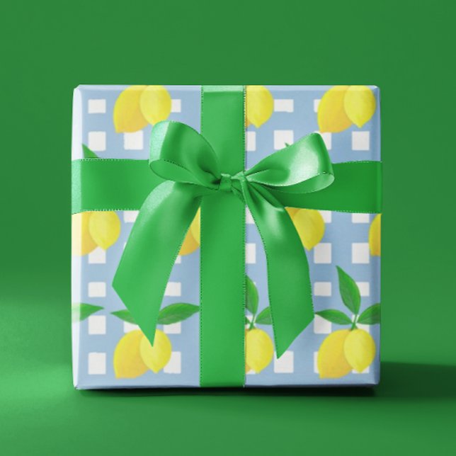Retro Preppy Style Yellow Lemons Blue White Check Presentpapper (Lemony gift wrap for any occasion!)