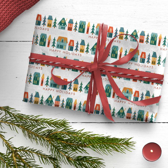 Retro Presentpapper (Happy Holidays Retro Houses Wrapping Paper)