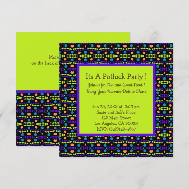 Retro prickmönster lila gul orange potluck inbjudningar (Fram/baksida)