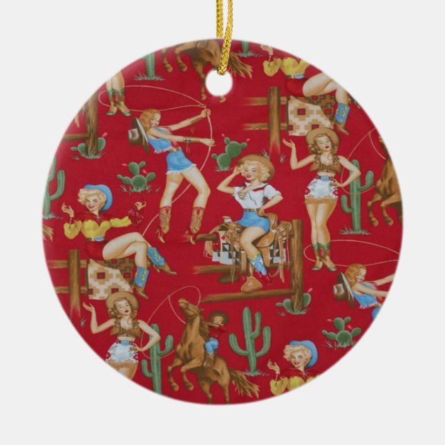 Retro prydnad för RodeoCowgirlsjulgran Julgransprydnad Keramik (Framsidan)