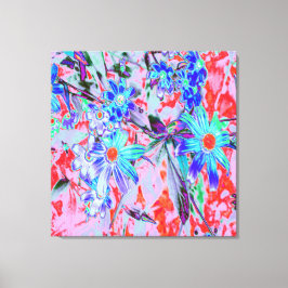 Retro Psychedelic Aqua Grönt and Orange Flowers Canvastryck