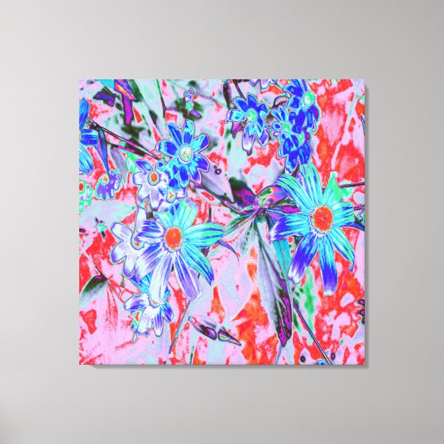 Retro Psychedelic Aqua Grönt and Orange Flowers Canvastryck (Framsida)