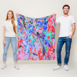 Retro Psychedelic Aqua Grönt and Orange Flowers Fleecefilt