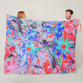 Retro Psychedelic Aqua Grönt and Orange Flowers Fleecefilt