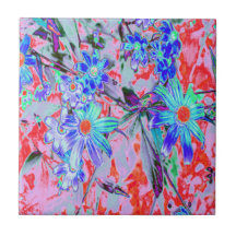 Retro Psychedelic Aqua Grönt and Orange Flowers