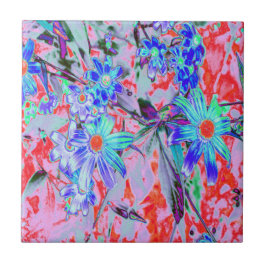 Retro Psychedelic Aqua Grönt and Orange Flowers Kakelplatta