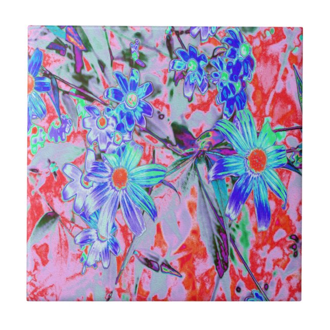 Retro Psychedelic Aqua Grönt and Orange Flowers Kakelplatta (Framsidan)