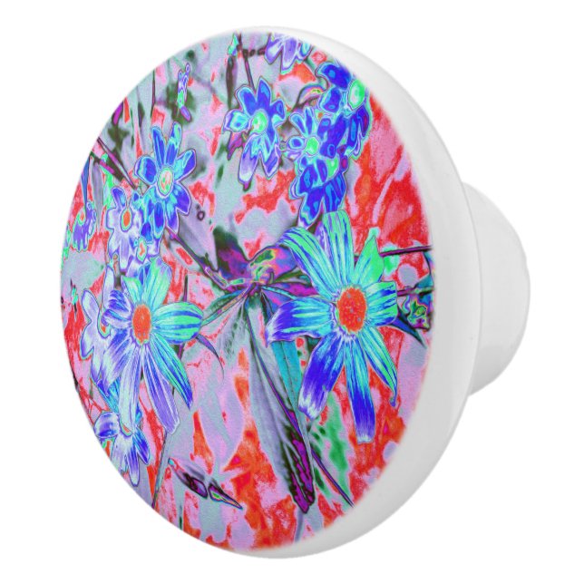 Retro Psychedelic Aqua Grönt and Orange Flowers Knopp (Höger)