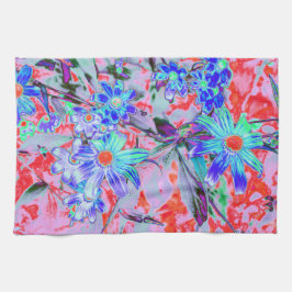 Retro Psychedelic Aqua Grönt and Orange Flowers Kökshandduk