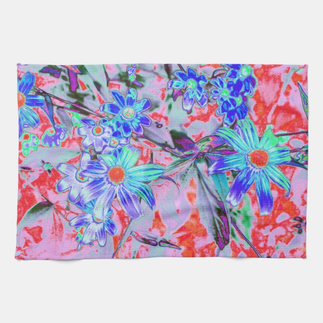 Retro Psychedelic Aqua Grönt and Orange Flowers Kökshandduk (Horisontell)