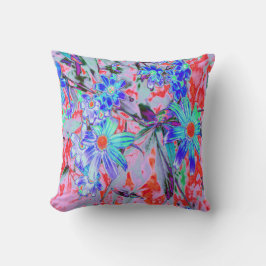 Retro Psychedelic Aqua Grönt and Orange Flowers Kudde