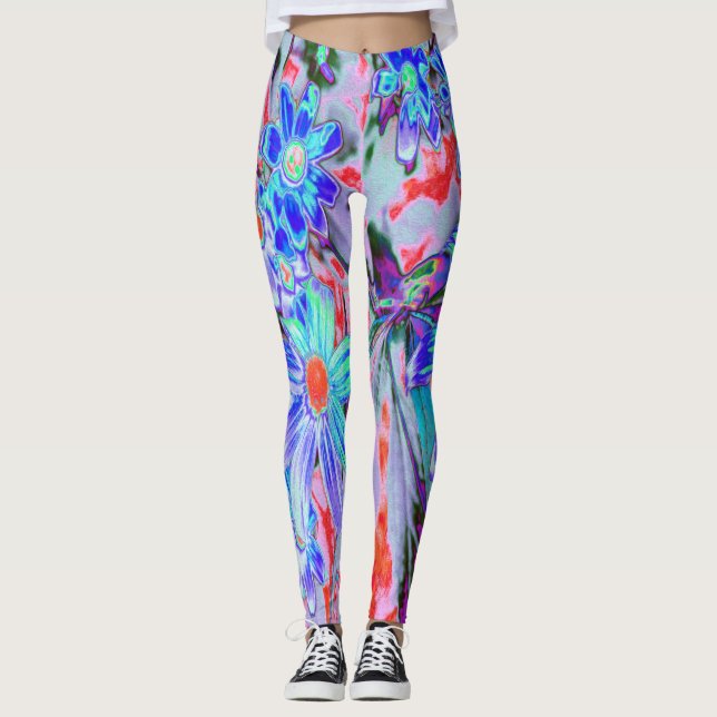 Retro Psychedelic Aqua Grönt and Orange Flowers Leggings (Framsida)