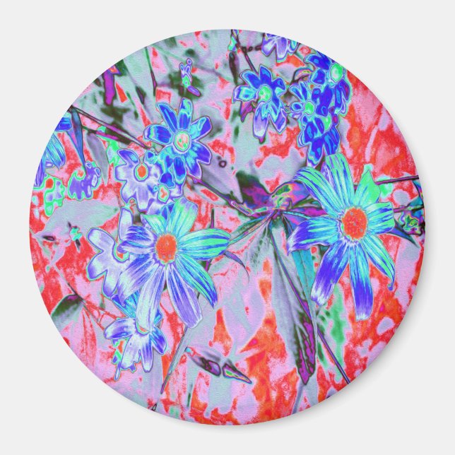 Retro Psychedelic Aqua Grönt and Orange Flowers Magnet (Framsidan)