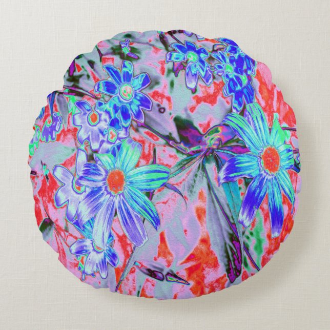 Retro Psychedelic Aqua Grönt and Orange Flowers Rund Kudde (Framsidan)