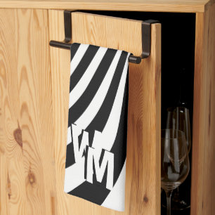 Retro Psychedelic Black White Mönster Initialer Kökshandduk