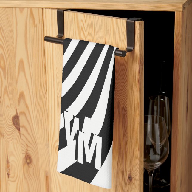 Retro Psychedelic Black White Mönster Initialer Kökshandduk (Thirds Fold)