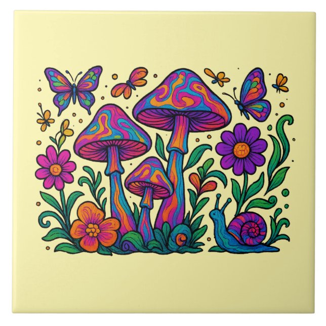 Retro Psychedelic Flowers & Svamp Kakelplatta (Framsidan)