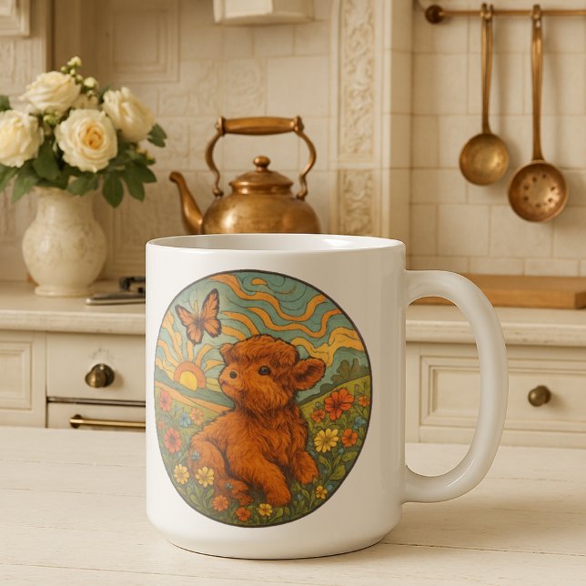 Retro Psychedelic Highland Calf Inspirational Kaffemugg (Skapare uppladdad)