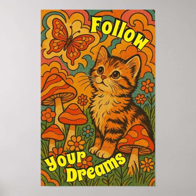 Retro Psychedelic Kitten Watching Butterfly Poster (Framsidan)
