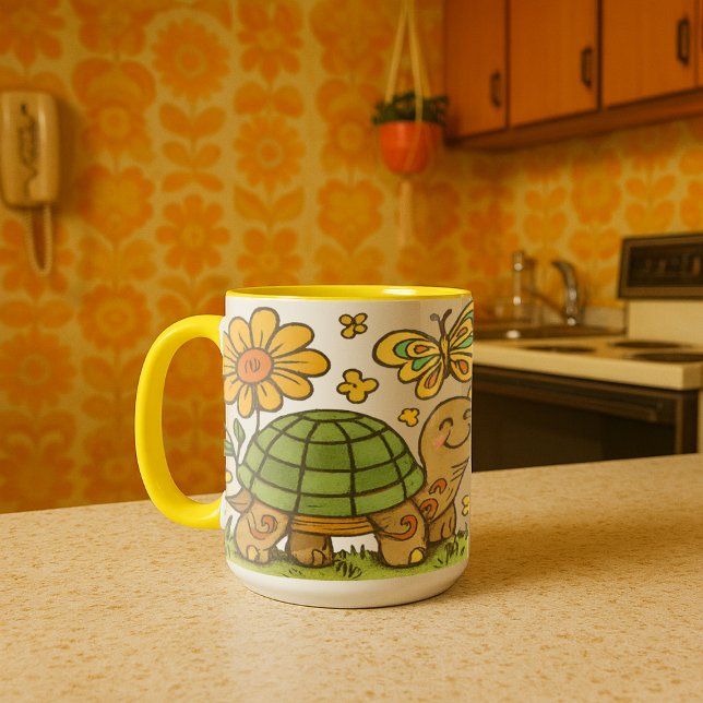 Retro Psychedelic Lycklig Turtle & Mushroom Mugg (Skapare uppladdad)