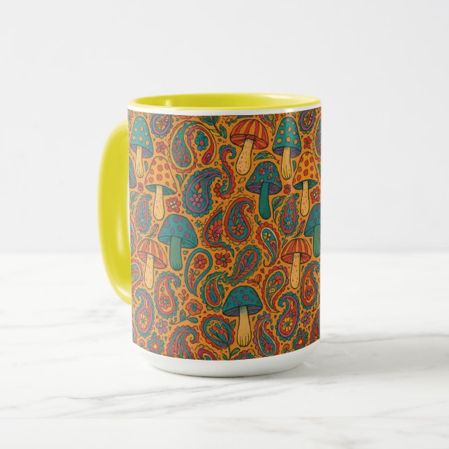 Retro Psychedelic Mushroom & Paisley Mönster Mugg (Framsida vänster)