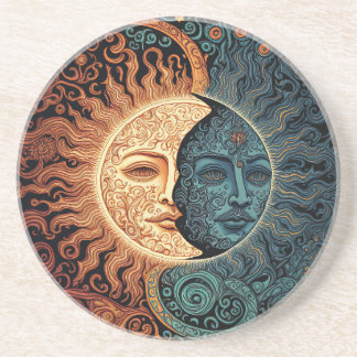 Retro Psychedelic Sol och Måne Ansikte Underlägg
