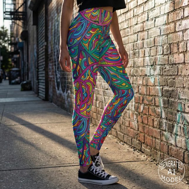 Retro Psykedelisk Abstrakt Neon Kladde Mönster Leggings (Skapare uppladdad)