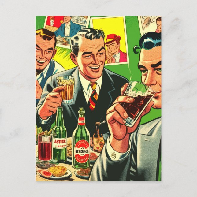 Retro Pub Drinks Tecknads Illustration Vykort (Framsida)