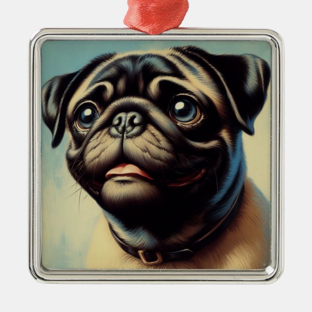 Retro Pug Painting Julgransprydnad Metall (Framsidan)