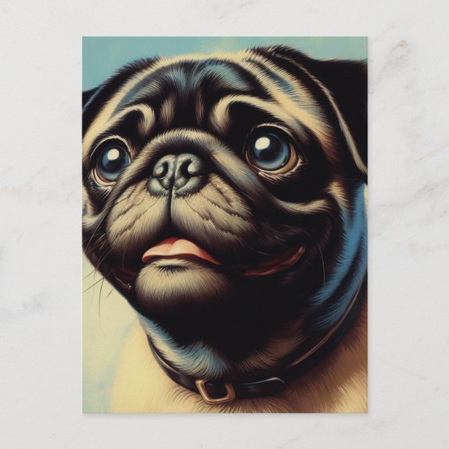 Retro Pug Painting Vykort (Framsida)