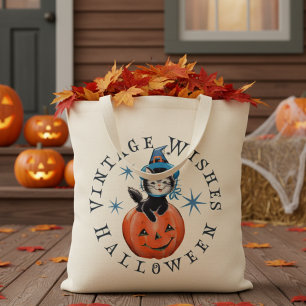 Retro Pumpkin Kattunge Vintage Halloween Önskemål Tygkasse