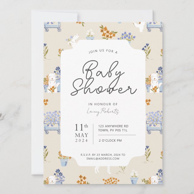 Retro Puppy Blommigt Flower Shop Baby Shower Inbjudningar (Framsida)