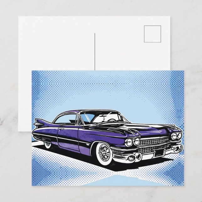Retro Purple Classic Car Side Pop Art Vykort (Fram/baksida)