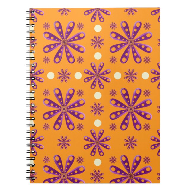 Retro Purple Flowers on Orange Background Anteckningsbok (Framsidan)