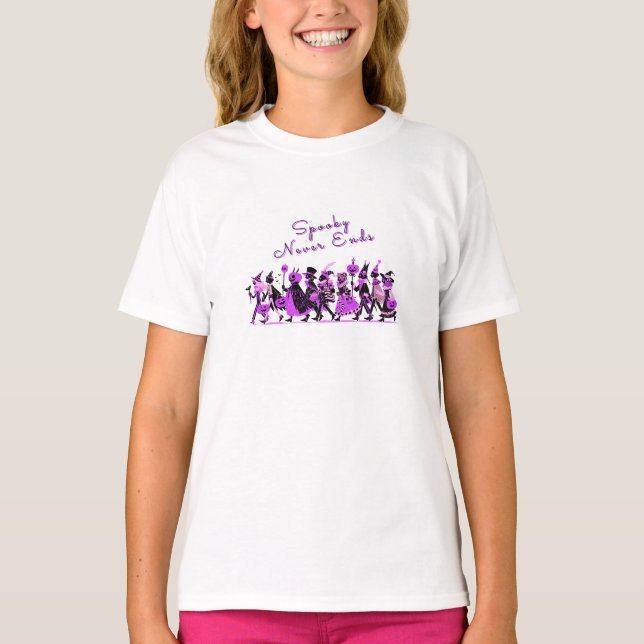 Retro Purple Spooky Never Ends Halloween T Shirt (Framsida)