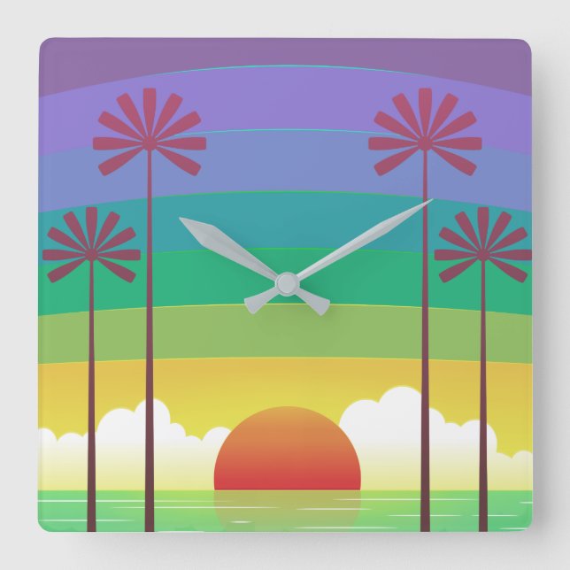 Retro Purple Sunset Palm Trees Art Fyrkantig Klocka (Framsida)