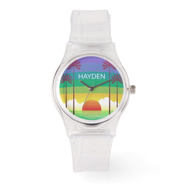 Retro Purple Sunset Palm Trees Art Personalised Armbandsur (Framsida)