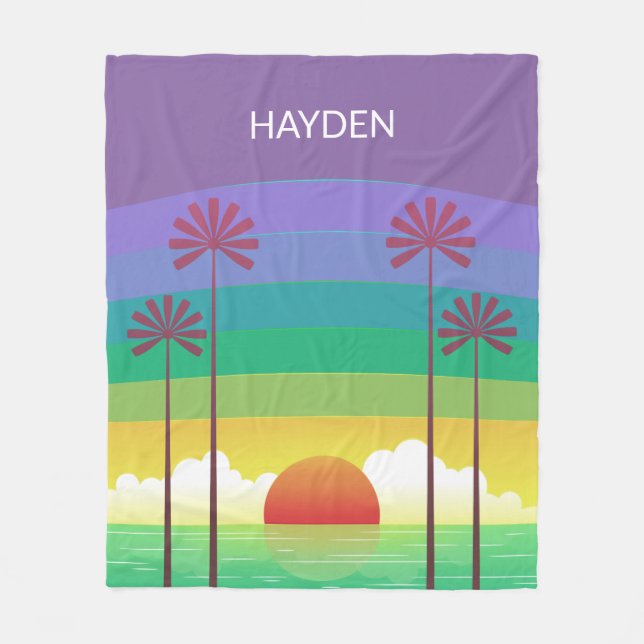 Retro Purple Sunset Palm Trees Art Personalised Fleecefilt (Framsidan)