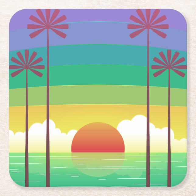 Retro Purple Sunset Palm Trees Art Underlägg Papper Kvadrat (Framsidan)