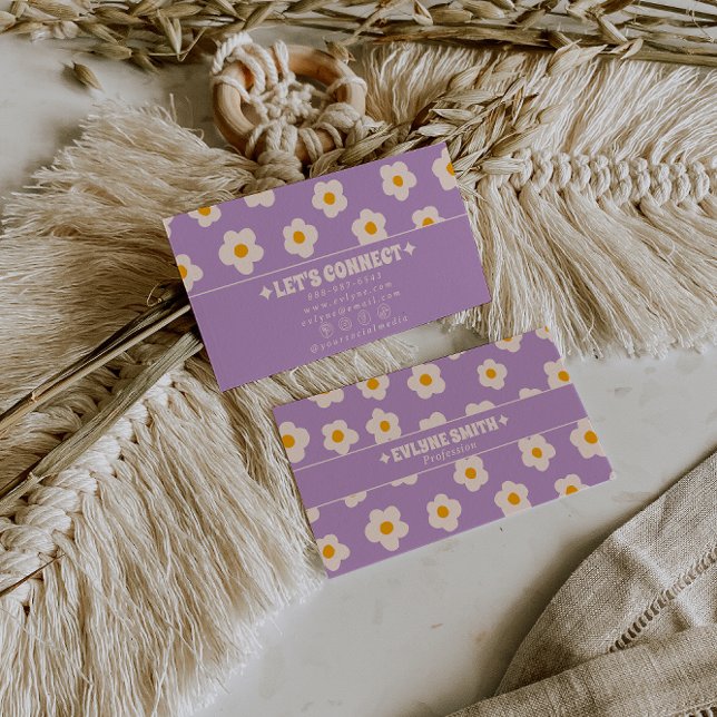 Retro Purple White Groovy Floral Boho Trendy Fun Visitkort (Skapare uppladdad)