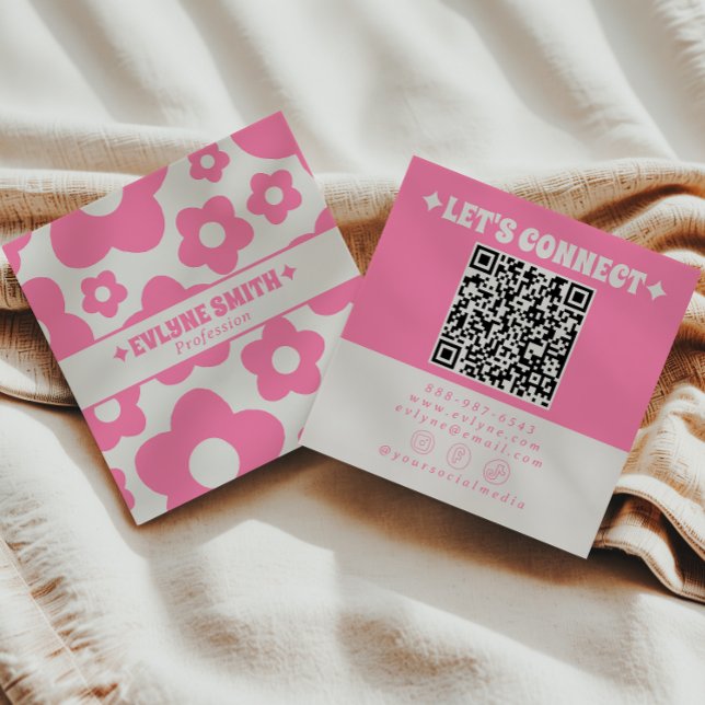 Retro QR Code Pink Groovy Floral Boho Girly Trendy Fyrkantigt Visitkort (Skapare uppladdad)
