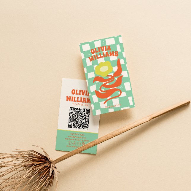 Retro QR-kod Boho Groovy Rutig Blommig Tusenskönor Visitkort (Skapare uppladdad)