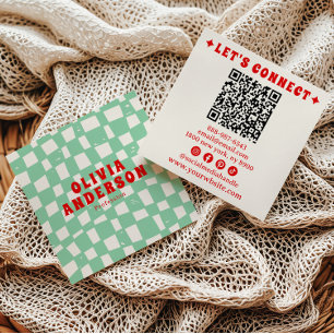 Retro QR-kod Groovy Rutig Boho Trendig Unik Fyrkantigt Visitkort