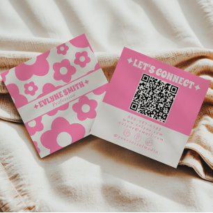 Retro QR-kod Rosa Groovy Blommig Boho Tjejtrend Fyrkantigt Visitkort
