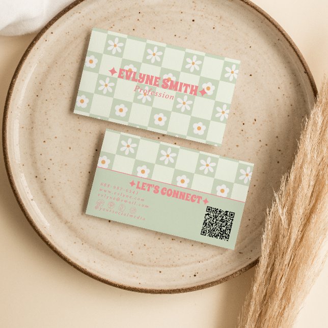 Retro QR-kod Rutig Groovy Blommig Boho Trendig Visitkort (Skapare uppladdad)