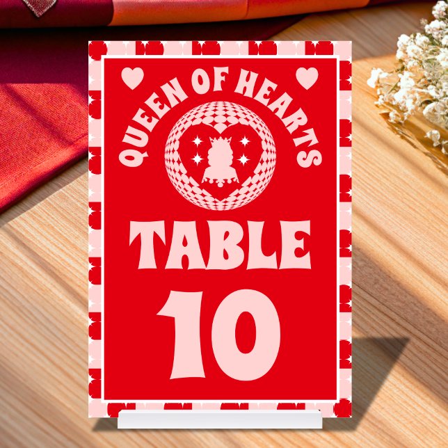 Retro Queen of Hearts Möhippa Bord Card Bordsnummer (Queen Of Hearts Bridal Shower Table Card)