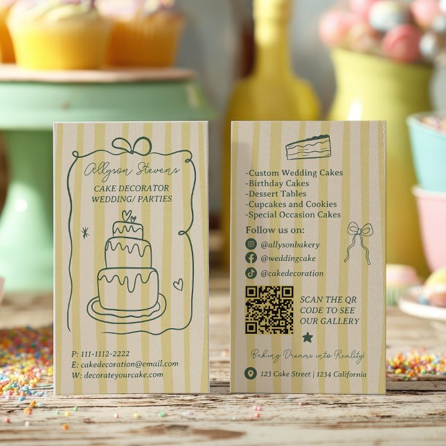Retro Quirky Citrus Green Cake Decorator Qr code Visitkort (Retro Quirky Citrus Green Cake Decorator Qr code Business Card)
