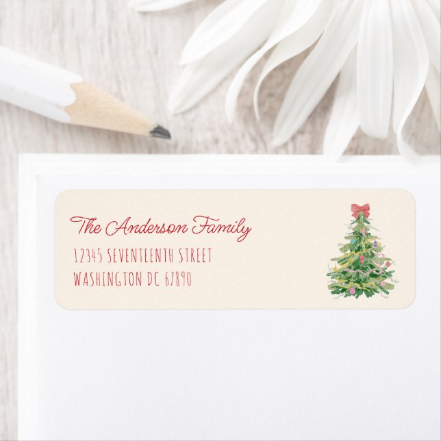 Retro Quirky Red Grönt Roligt jul Bow Träd Returadress Etikett (Insitu)