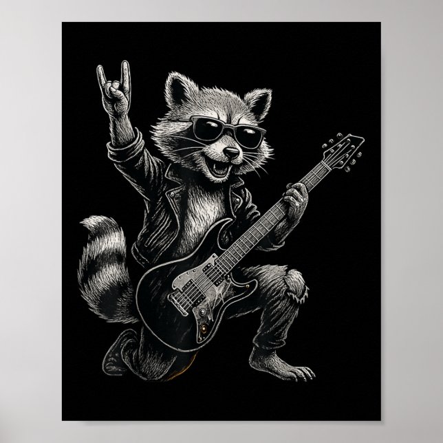 Retro Raccoon Rock musik Gift Manar Kids Women Fun Poster (Framsidan)