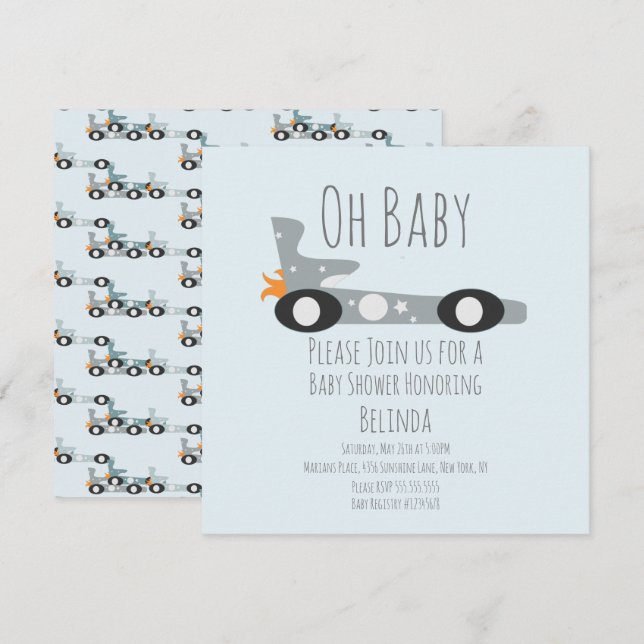 Retro Racing Cars Blå Baby Shower  (Fram/baksida)